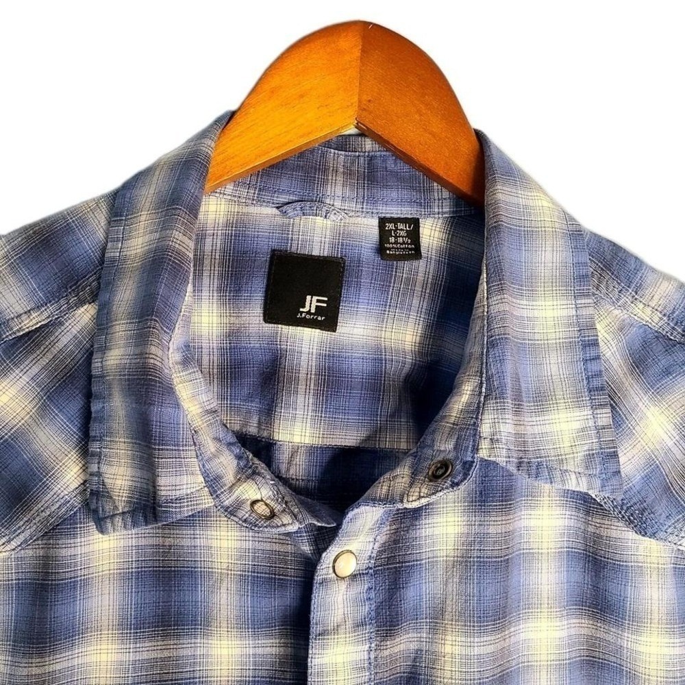 JF J. Ferrar Western Shirt Mens 2XL Tall Blue Plaid Rodeo Short Sleeve Snaps